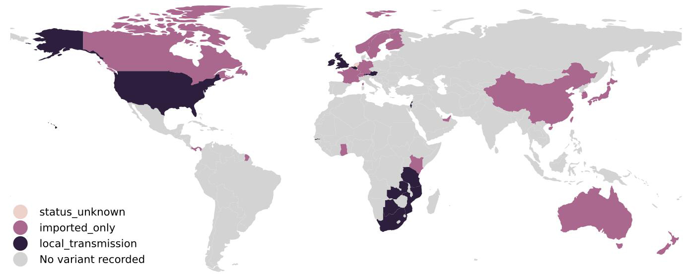 已报道的B.1.351突变株病例全球分布图